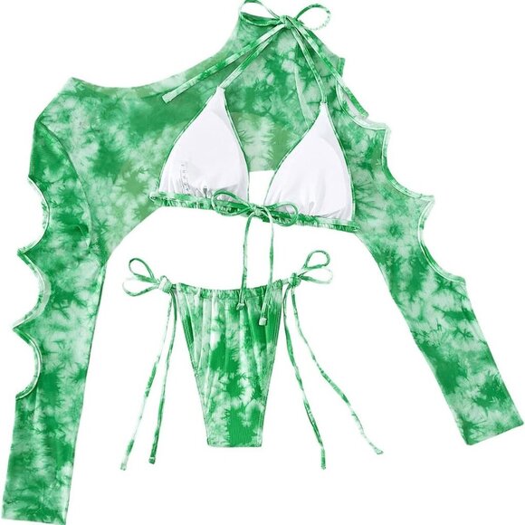 Women's 3 Piece Tie Dye Triangle Bikini Tie Side Halter Swimsuit Monokin with Cu - Picture 3 of 6